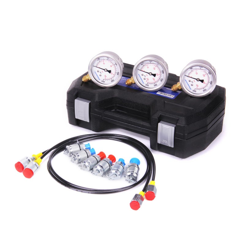 MEASUREMAN Portable Excavator Hydraulic Pressure Test Kit, Includes 3 Pressure Gauges (2400/3500/6000 PSI), 2 Hoses, 6 Test Couplings, for Construction Machinery Systems, Packed in Durable Case - Image 2